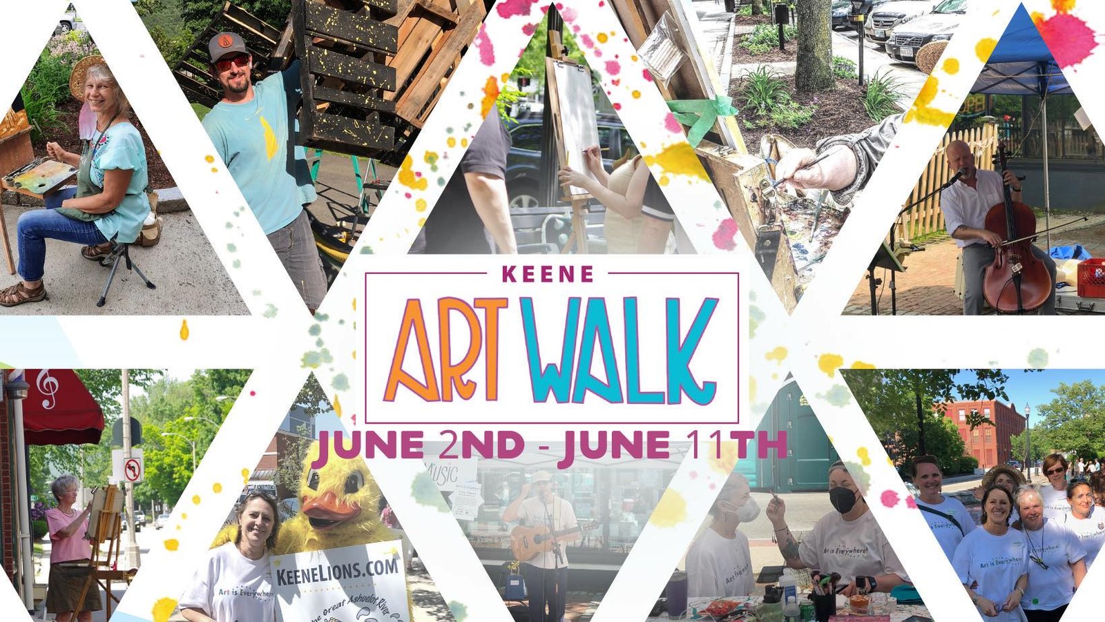Promotional collage for the Keene Art Walk, showing local artists painting outdoors and street musicians performing in downtown Keene.